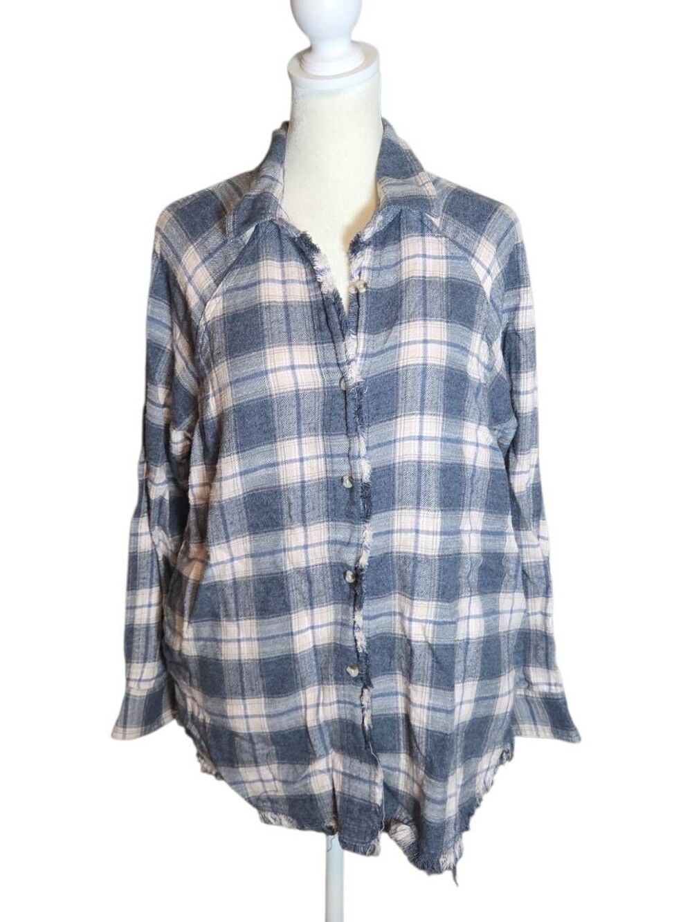 Lucky Brand Blue & Pink Plaid Frayed Hem Button Down Shirt - Small